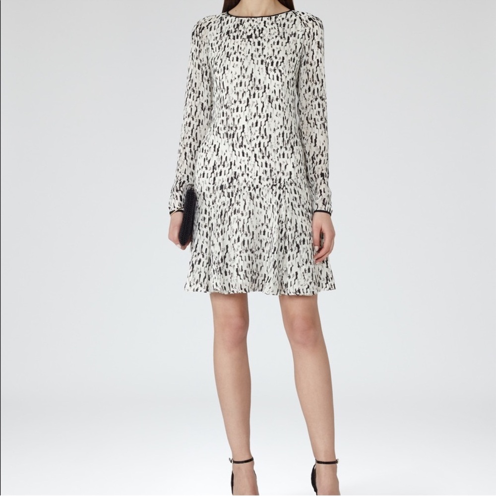 REISS Black and White Patterened Longsleeve Dress with Frill Hem